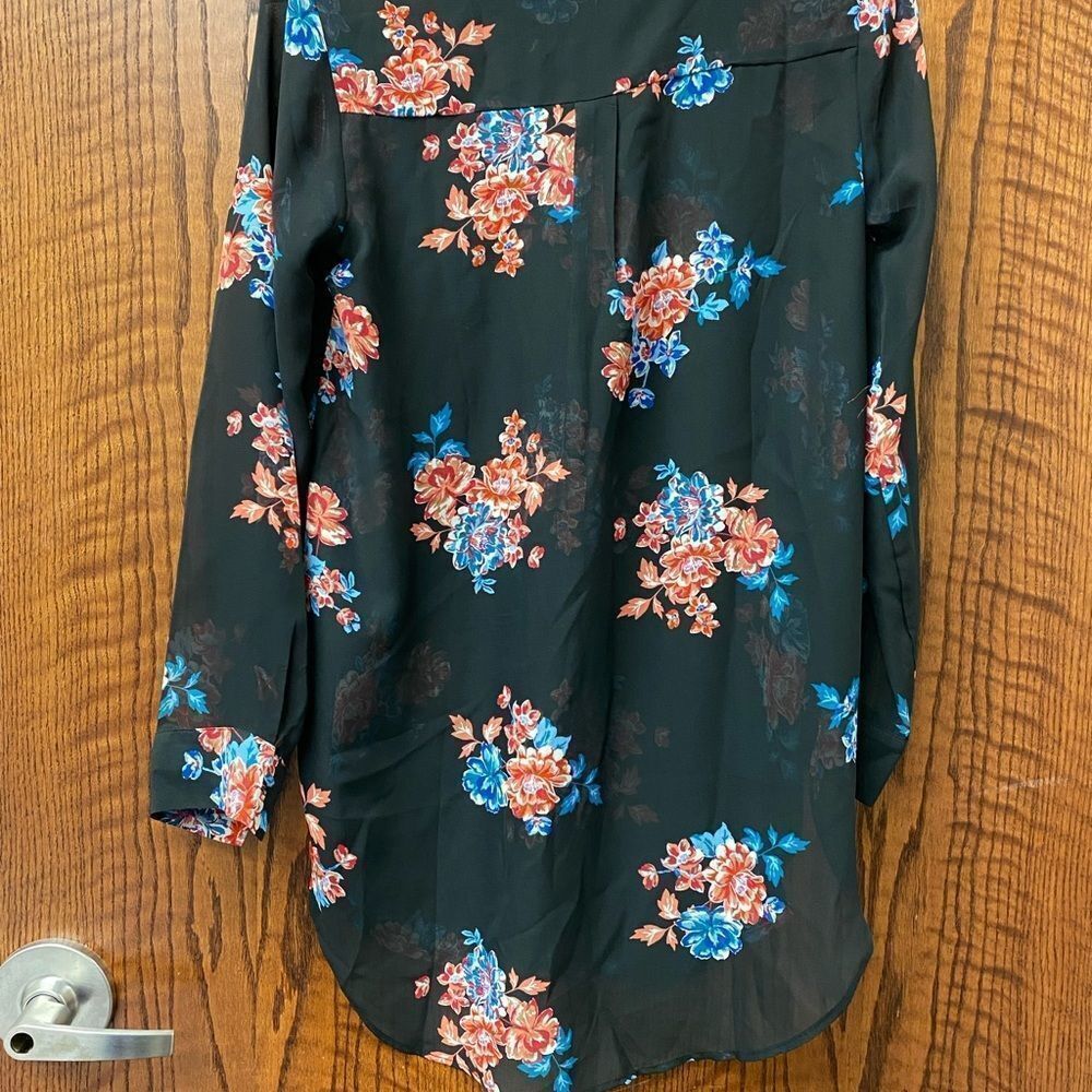 TIMING academia professor teacher sheer chiffon black floral button down blouse - Picture 7 of 8